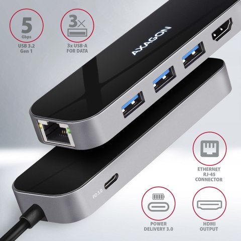 AXAGON Axagon HMC-6GL stacja dokująca USB 3.2 Gen 1 (3.1 Gen 1) Type-C Czarny, Szary