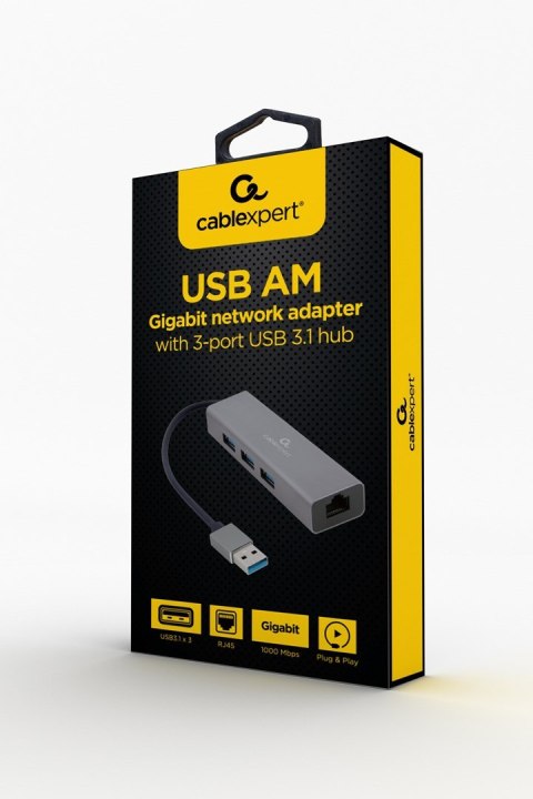 GEMBIRD GEMBIRD ADAPTER USB-AM DO LAN GIGABIT HUB USB 3.0 X3 CZARNY