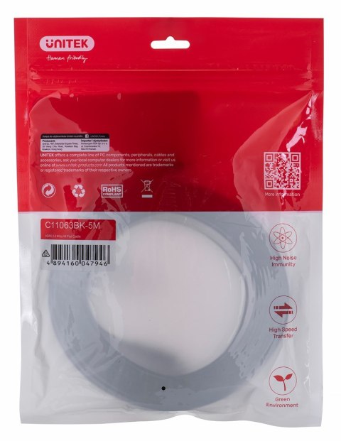 UNITEK UNITEK KABEL HDMI 2.0 4K60HZ,PŁASKI,5M,C11063BK-5M