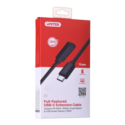 UNITEK UNITEK PRZEDŁUŻACZ USB-C 10GBPS, 4K60HZ, PD 100W, 1,5M, C14086BK-1.5M