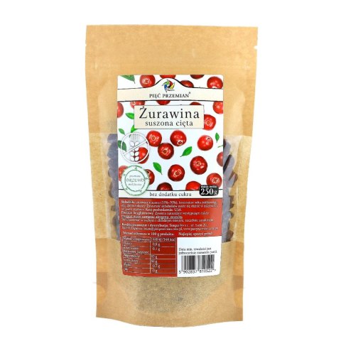 PIĘĆ PRZEMIAN Żurawina cięta suszona słodzona sokiem jabłkowym bez cukru bezglutenowa 250g