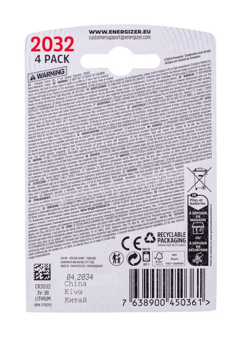 ENERGIZER BATERIA ENERGIZER SPECJALISTYCZNA CR2032, 4 sztuki, 3V, ECO
