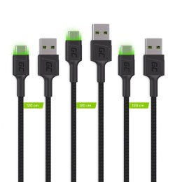 Green Cell GREEN CELL ZESTAW KABLI KABGCSET03 3X KABEL GC RAY USB - USB-C 30CM, ZIELONY LED