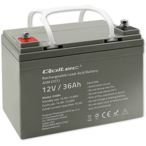 Qoltec Qoltec Akumulator AGM | 12V | 36Ah | Bezobsługowy | Wydajny | LongLife | do UPS, skutera