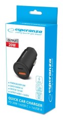 ESPERANZA ŁADOWARKA SAMOCHODOWA 20W USB-C PD 20W / USB-A QC 3.0 18W EZC111K