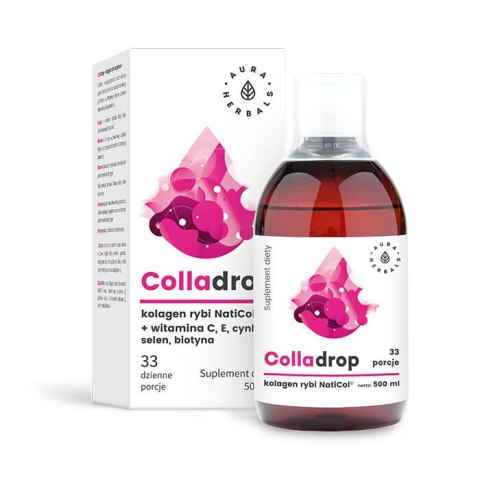 AURA HERBALS Colladrop NatiCol w płynie 500ml - Kolagen rybi + Witamina C, E, selen, cynk, biotyna