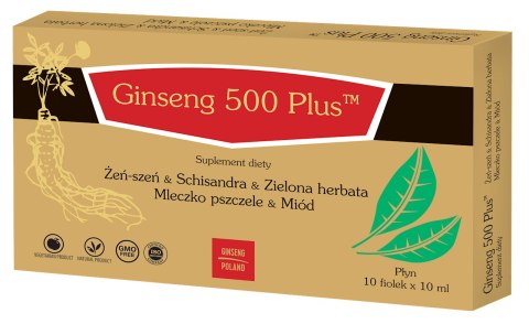 Ginseng 500 PLUS Żeńszeń + Schisandra + Zielona herbata + Mleczko pszczele + Miód 10x10ml (fiolki) GINSENG POLAND Ginseng 500 PLUS Żeńszeń + Schisandra + Zielona herbata + Mleczko pszczele + Miód 10x10ml (fiolki) GINSENG POLAND