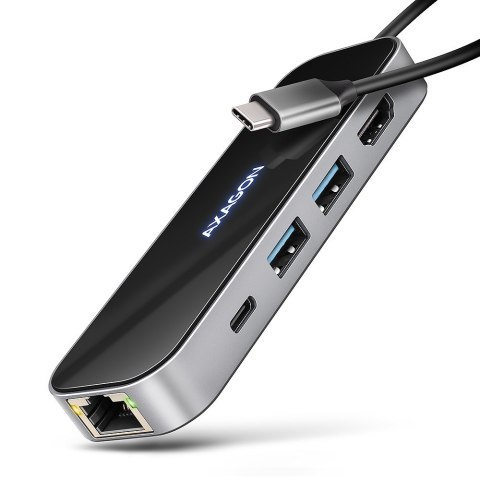 AXAGON HMC-6GLN Hub USB, 2x USB-A, 1x USB-C, 1x HDMI 2.0, 1x RJ45, 100 W PD - srebrny
