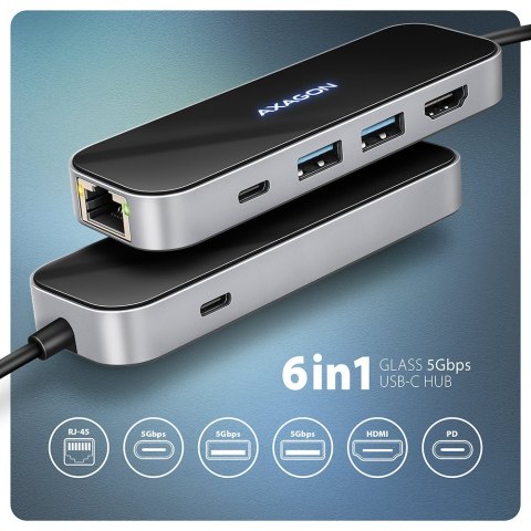 AXAGON HMC-6GLN Hub USB, 2x USB-A, 1x USB-C, 1x HDMI 2.0, 1x RJ45, 100 W PD - srebrny