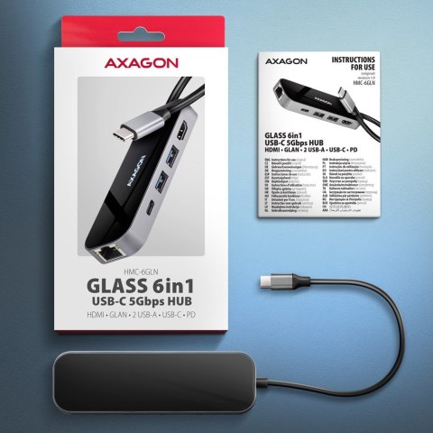 AXAGON HMC-6GLN Hub USB, 2x USB-A, 1x USB-C, 1x HDMI 2.0, 1x RJ45, 100 W PD - srebrny
