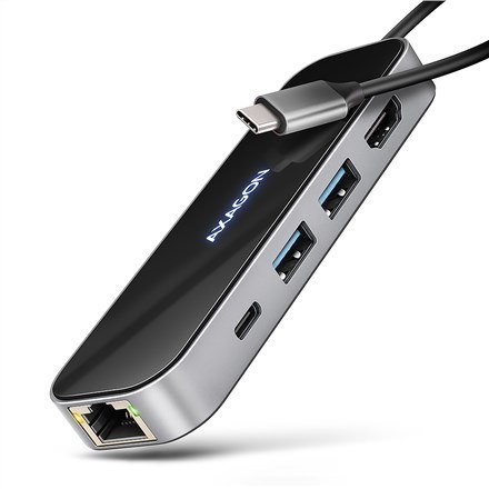 AXAGON HMC-6GLN Hub USB, 2x USB-A, 1x USB-C, 1x HDMI 2.0, 1x RJ45, 100 W PD - srebrny