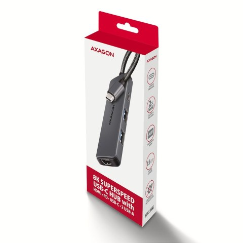 Axagon HMC-5H8K USB 5Gbps hub 2x USB-A USB-C HDMI 8k/30Hz PD 100W kabel USB-C Przewodowa USB 3.2 Gen 1 (3.1 Gen 1) Type-C Szary