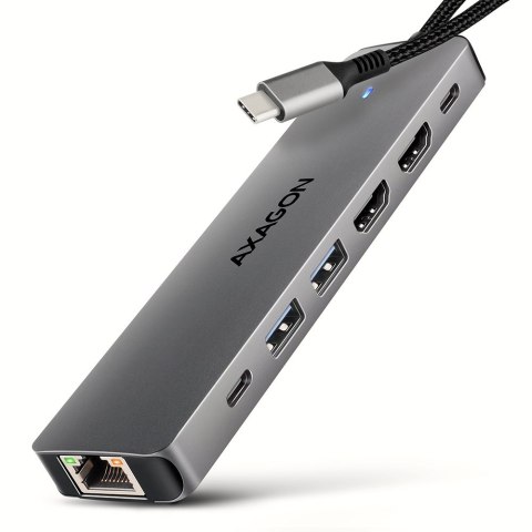 AXAGON HMC-7HX2 Hub USB, 2x USB-A, 1x USB-C, 2x HDMI 2.0, 1x RJ45, 100 W PD - srebrny