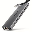 AXAGON HMC-7HX2 Hub USB, 2x USB-A, 1x USB-C, 2x HDMI 2.0, 1x RJ45, 100 W PD - srebrny