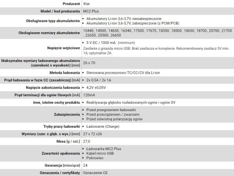 XTAR ŁADOWARKA DO AKUMULATORÓW CYLINDRYCZNYCH LI-ION MC2+