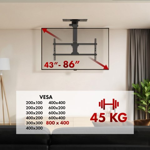 MACLEAN UCHWYT ELEKTRYCZNY DO TV, SUFITOWY, TUYA, MAX. VESA 800X400, REG. W POZ. +90°~-90°, DLA TV 43-86", MAX. 45KG MC-109 T