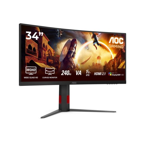 Monitor AOC CU34G4Z 34-calowy, Szybkie VA, WQHD 21:9, 240 Hz, 1 ms, 3440 x 1440 pikseli, 450 cd/m2, ilość portów HDMI: 2, kolor 