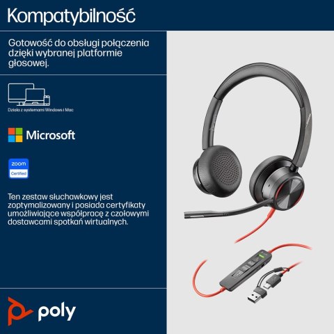 POLY Zestaw słuchawkowy Blackwire 8225 Stereo USB-C z certyfikatem Microsoft Teams + przejściówka USB-C/A