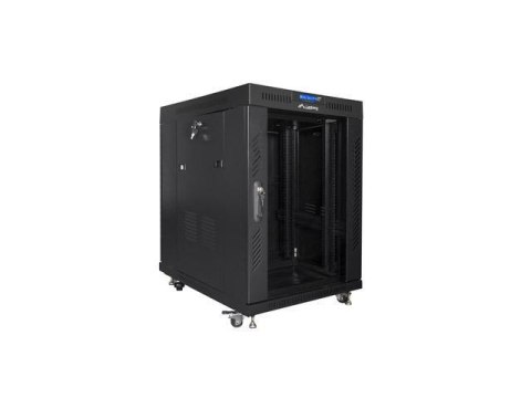 Szafa instalacyjna rack stojąca 19" 15U 600x800 czarna drzwi szklane LCD Lanberg (Flat Pack) V2