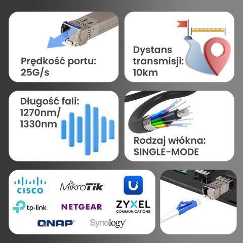 Extralink Extralink Moduł SFP28 WDM SFP28 25G 25Gbps 1270/1330nm, single mode, 10km, LC, DOM, para