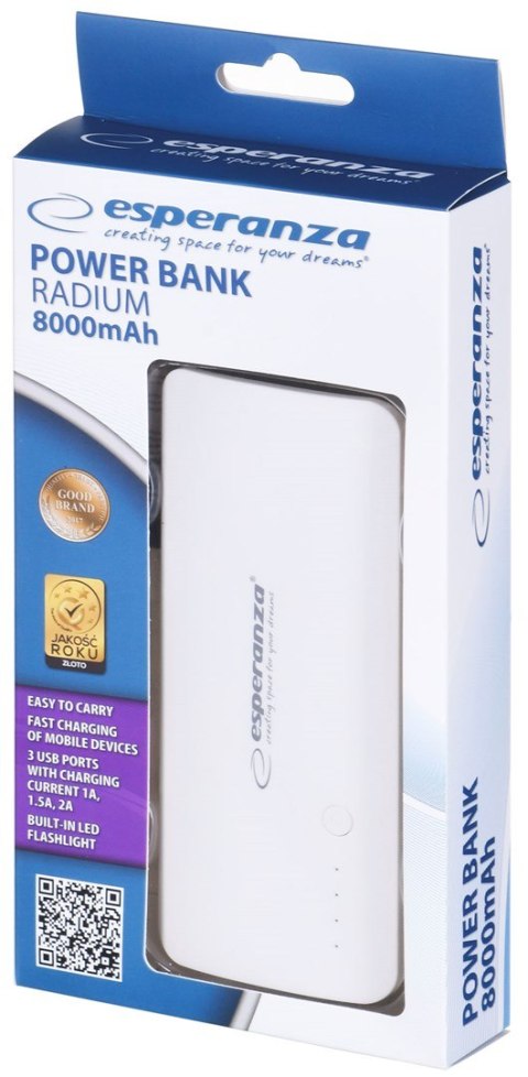 PowerBank Esperanza Radium EMP106WE (8000mAh; microUSB, USB 2.0; kolor biały) PowerBank Esperanza Radium EMP106WE (8000mAh; microUSB, USB 2.0; kolor biały)