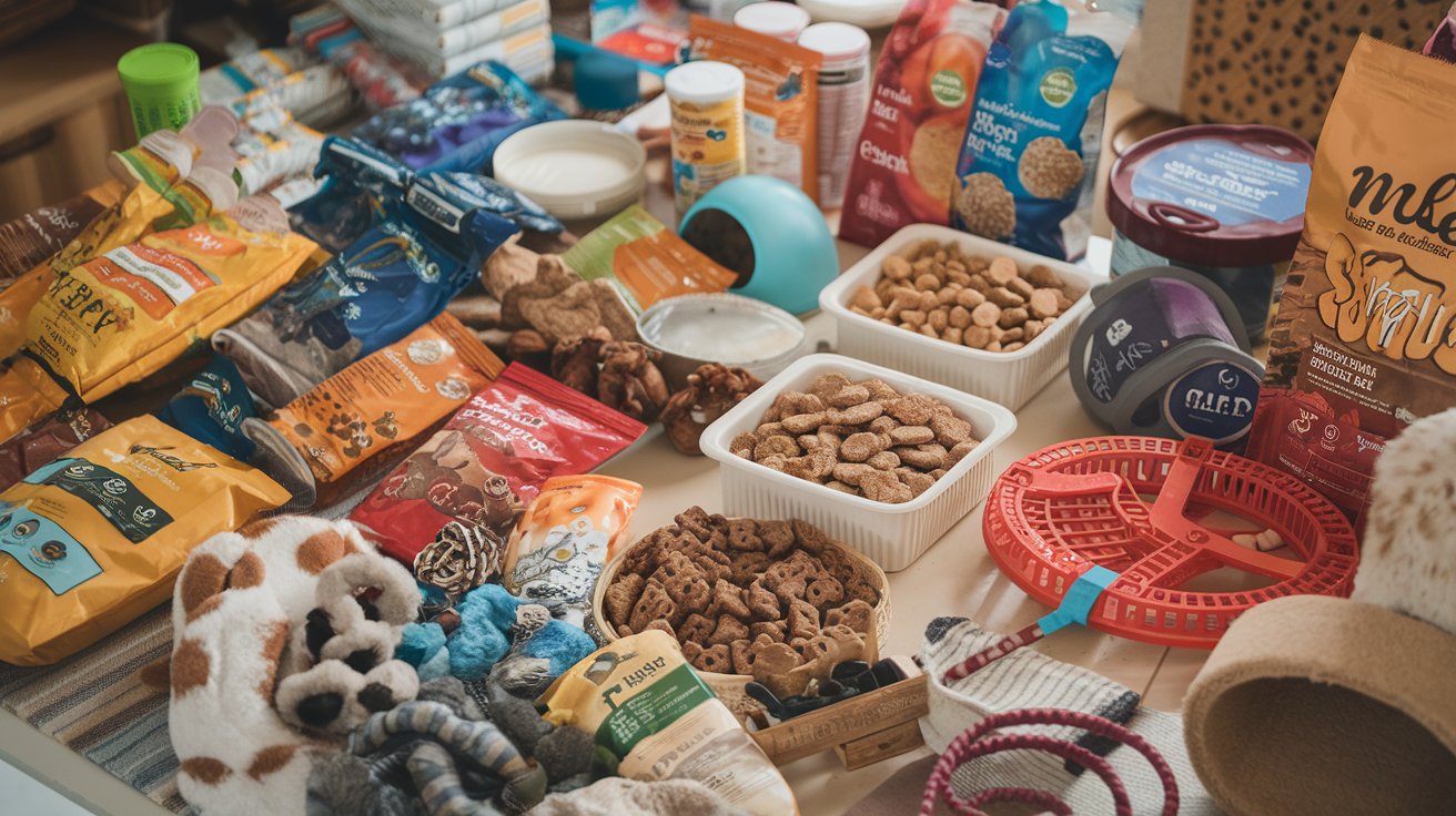 a-photo-of-a-table-filled-with-various-pet-food-an-JrX9dbJBTCyN1yRen03mZw-bfnbuJ1dTE2jpN4YqWLMhA